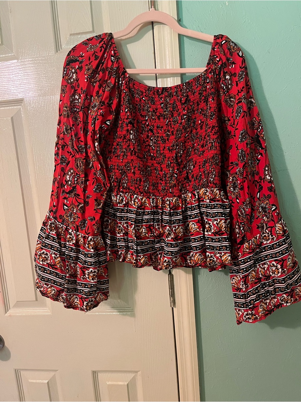 Red Floral Smocked Peasant Top - Women